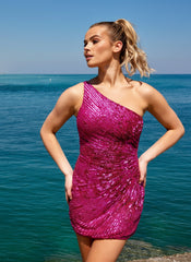 Primavera Couture 4055 Asymmetrical Sleeve Style Short Prom Dress