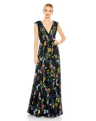 Long Cap Sleeve Floral Print Formal Dress Cap Sleeves & Floral Print Mac Duggal 55829