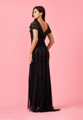 Short Sleeve Hand Beaded Formal Couture Dress