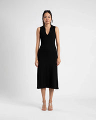 COLLARED V DRESS - BLACK/CREAM STRIPE