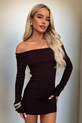 Aaliyah Off Shoulder Knit Mini Dress - Dark Brown