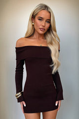 Aaliyah Off Shoulder Knit Mini Dress - Dark Brown