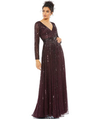 Long Sleeve Sequins A Line Evening Dress Sequined Detail Mac Duggal 4977