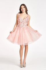 Short Cocktail Glitter Mesh Floral Homecoming Dress