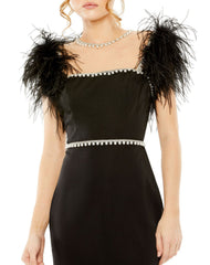 Feather Cap Sleeve Pearl Embellished Tea Length Fit Dress Feather Cap Sleeve Pearl Embellished Tea Length Mac Duggal 11438