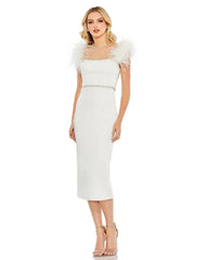 Feather Cap Sleeve Pearl Embellished Tea Length Fit Dress Feather Cap Sleeve Pearl Embellished Tea Length Mac Duggal 11438