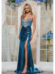 Colors 3551 Fitted Long Formal Metallic Slit Prom Dress
