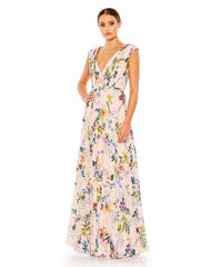 Long Cap Sleeve Floral Print Formal Dress Cap Sleeves & Floral Print Mac Duggal 55829