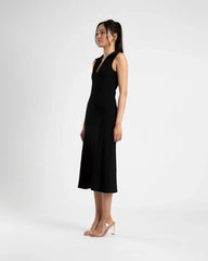 COLLARED V DRESS - BLACK/CREAM STRIPE
