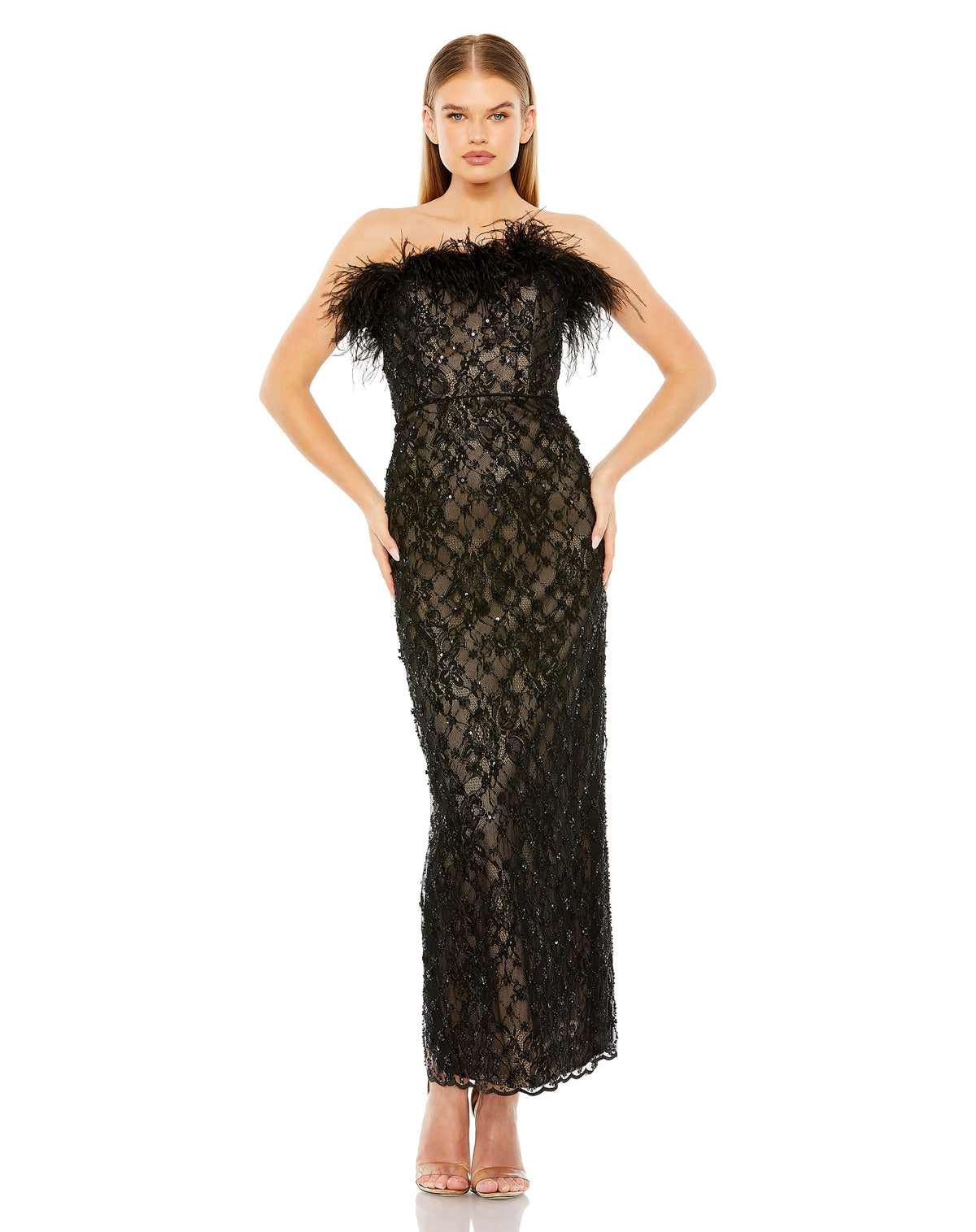 Beaded Strapless Tea Length Dress Beaded Detail & Strapless Mac Duggal 68140