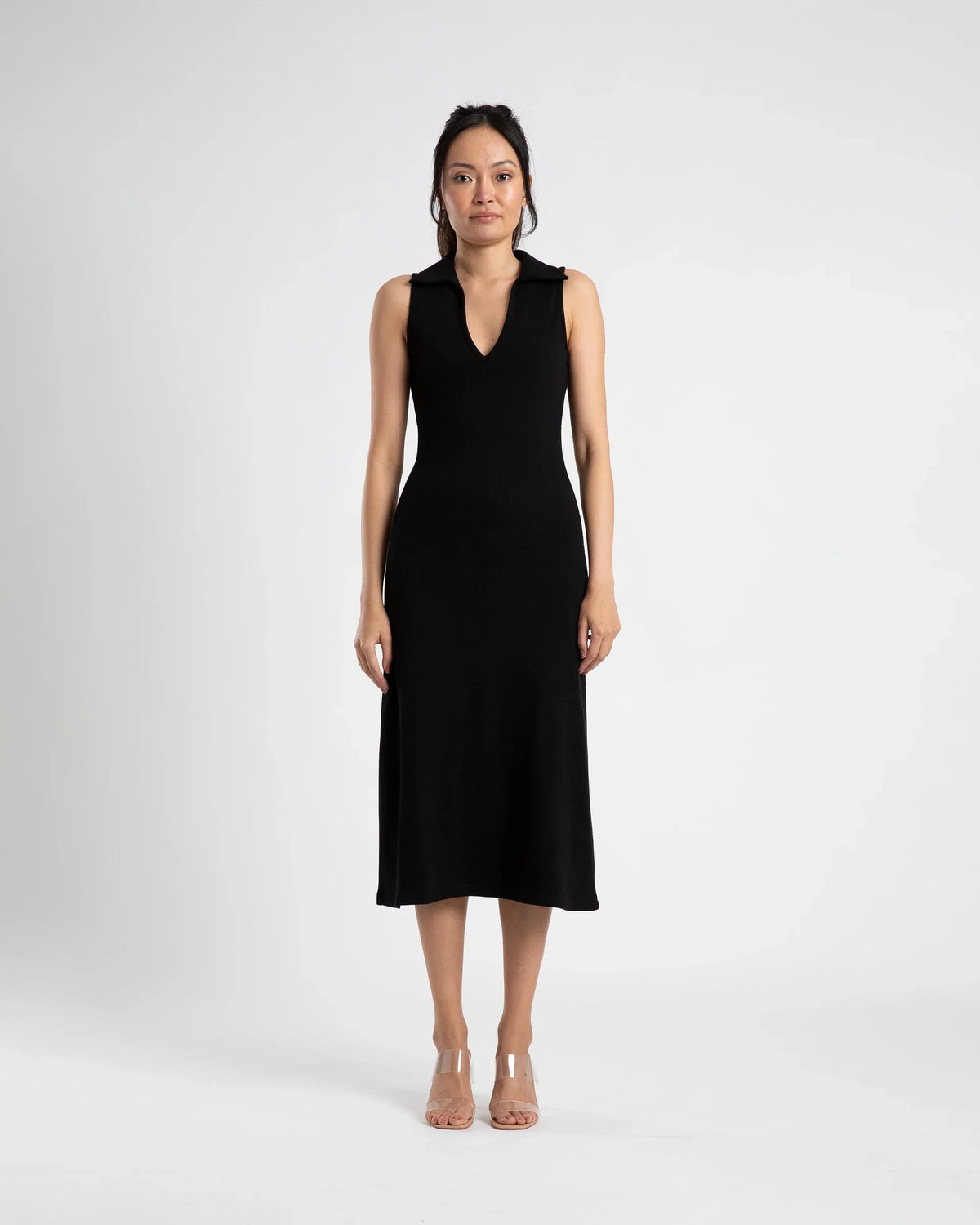 COLLARED V DRESS - BLACK/CREAM STRIPE