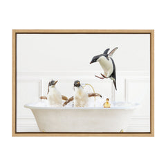 Sylvie Penguins In Bubble Bath Neutral Style Framed Canvas by Amy Peterson Art Studio